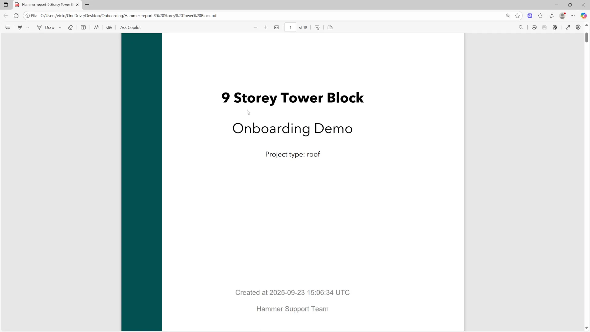 Example cover page and summary of the generated report