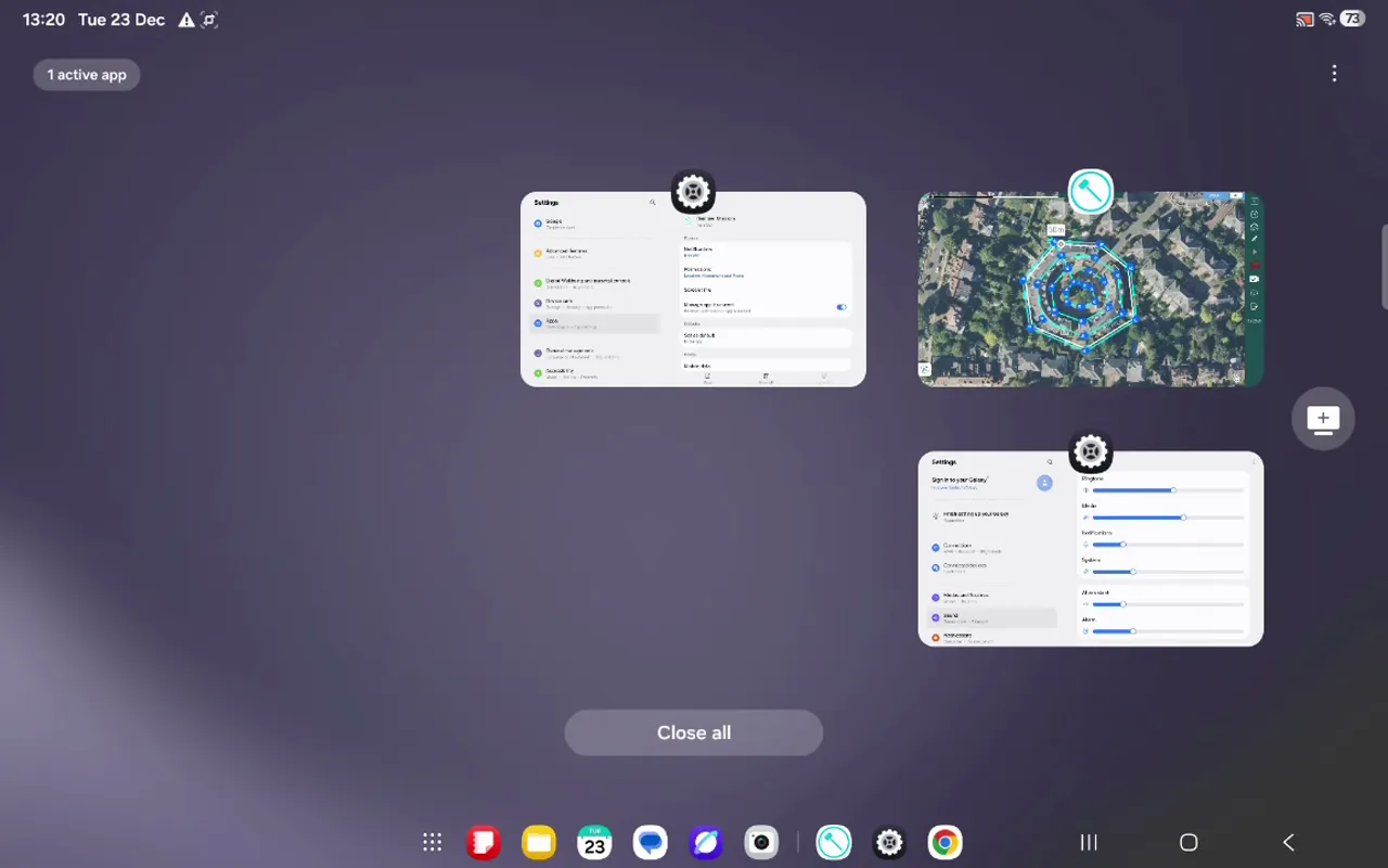 Android recent apps overview showing open mission app thumbnails and a '1 active app' badge