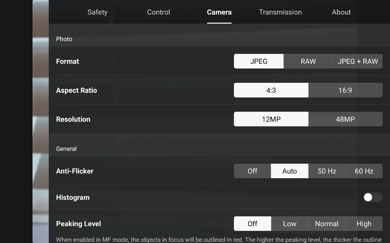 DJI Fly camera tab with Aspect Ratio 4:3 selected and Resolution options 12MP and 48MP visible