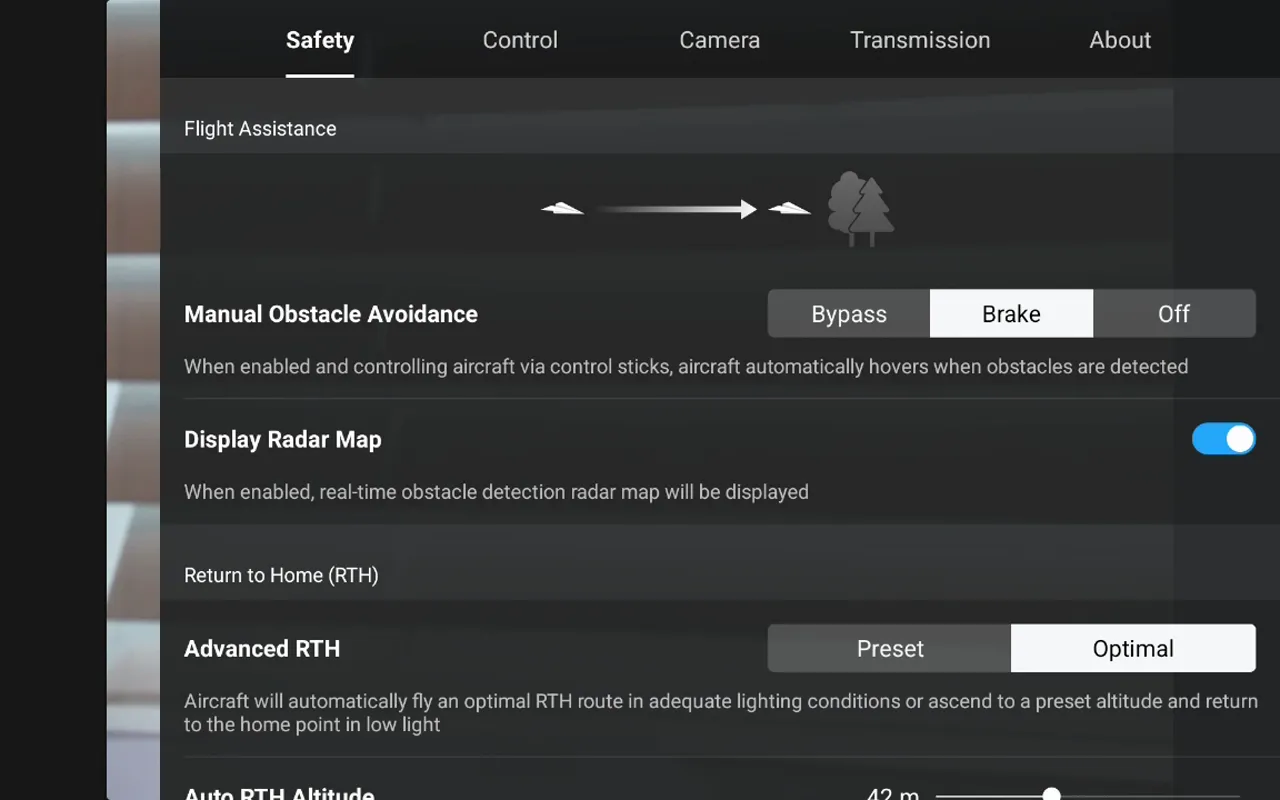 Close view of DJI Fly safety tab showing Manual Obstacle Avoidance set to Brake, Display Radar Map enabled and Advanced RTH options.