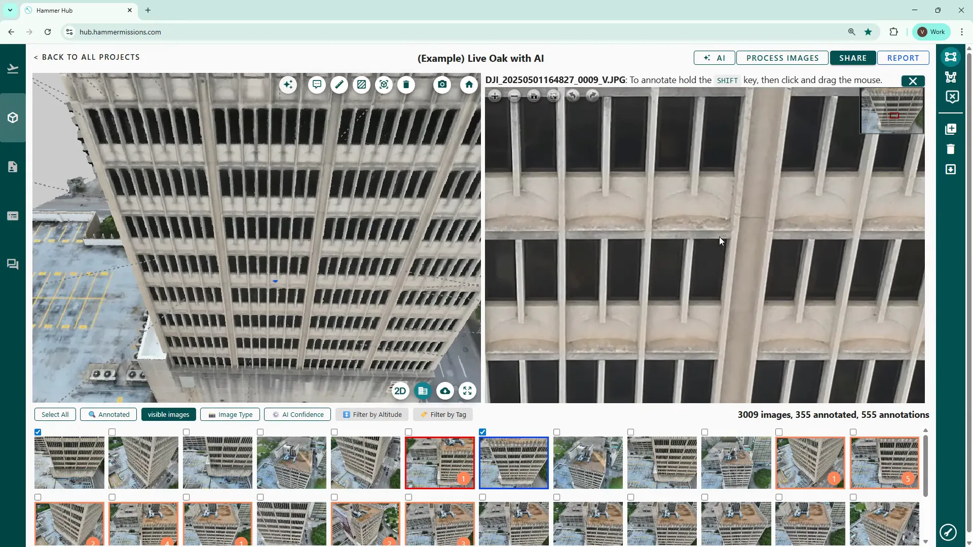 Blue dot indicates clicked location on 3D model; thumbnails load on the right
