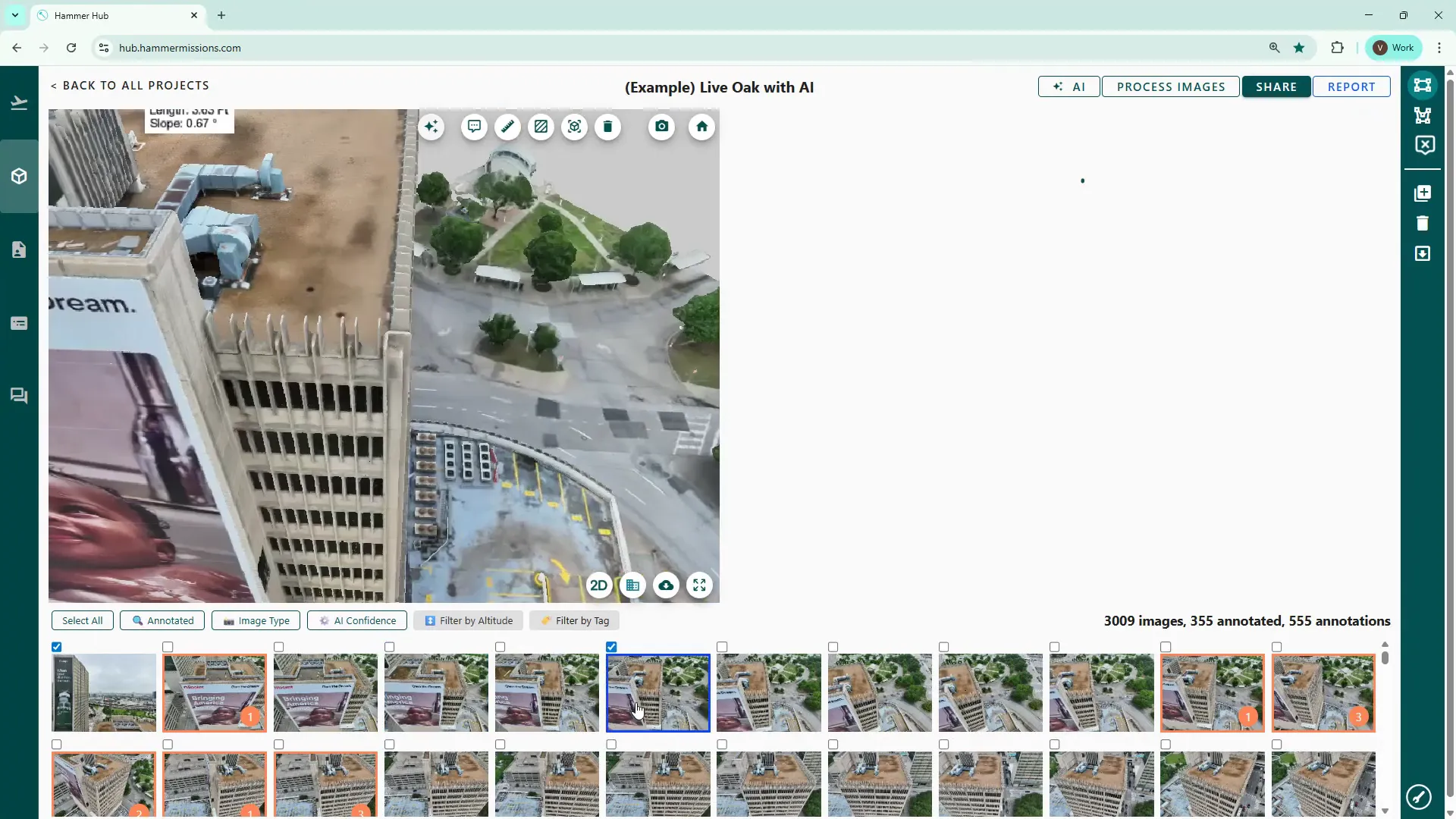 Split screen: 3D model on the left and selected thumbnail on the right