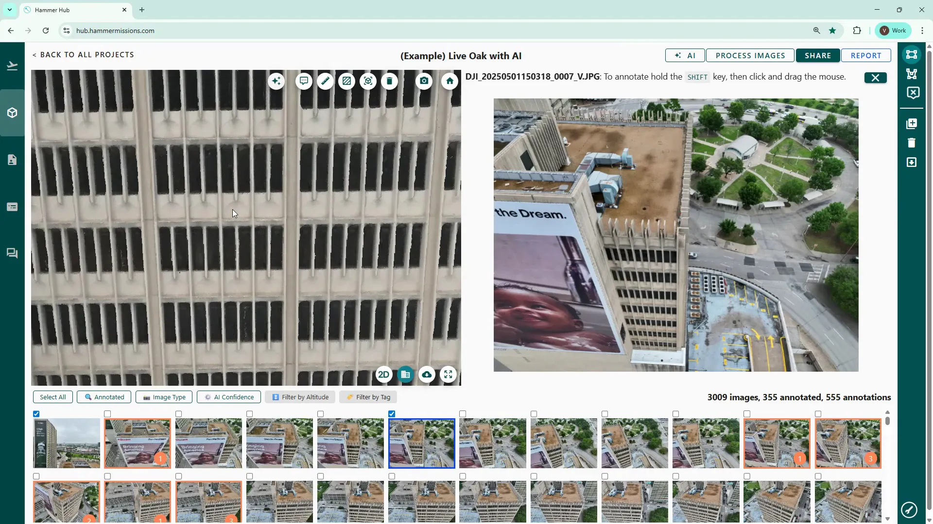 Locking the view and zooming in to inspect a façade