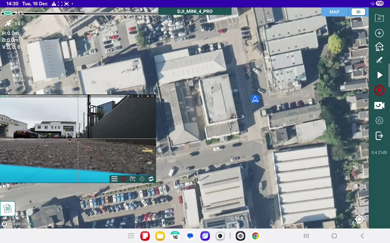 Clear Hammer Missions tablet screenshot showing the aerial map, inset camera preview and the right-side vertical toolbar with the house icon (house with plus) used to launch the 3D outline function.