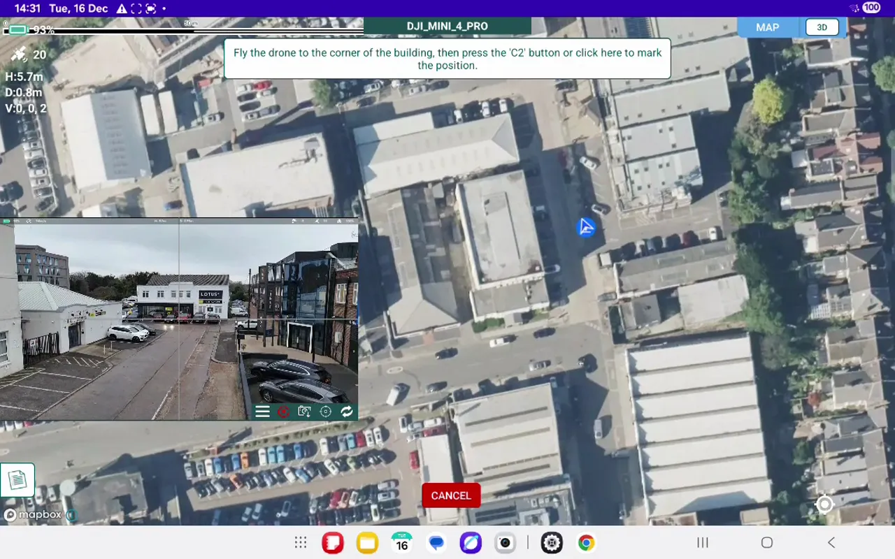 Hammer Missions map with live camera inset showing crosshairs centred on building corner, ready to mark a point