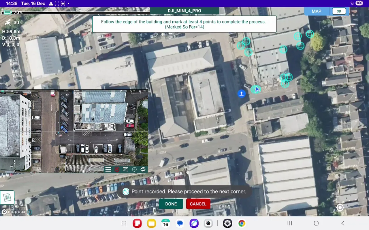 Hammer Missions confirmation 'Point recorded' with Done and Cancel buttons to finalise the building outline