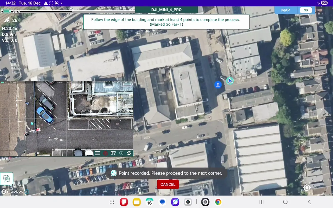 Hammer Missions map view showing confirmation 'Point recorded. Please proceed to the next corner' after marking a building corner