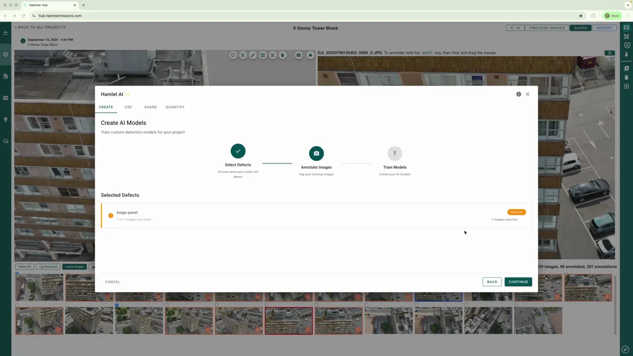 Create AI Models 'Selected Defects' screen showing the beige panel tag with an indicator that the minimum number of images are annotated and a visible Continue button.