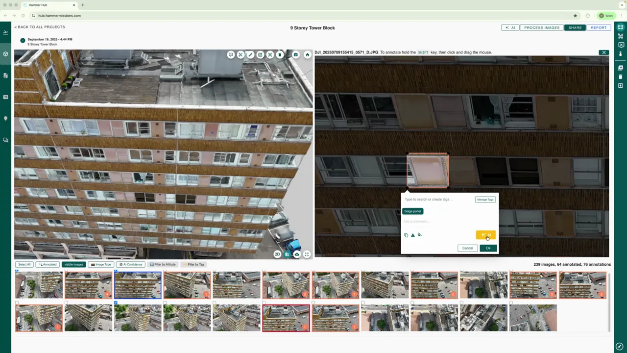 Hammer Missions annotation dialog with the tag 'beige panel' typed and the AI assistant button visible, over a zoomed facade image.