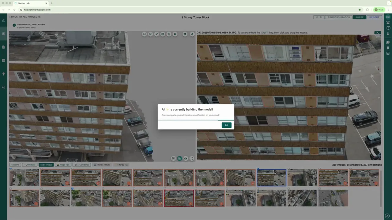 Hammer Missions interface with a popup reading 'AI is currently building the model' over facade images and image thumbnails.
