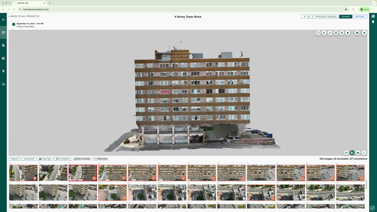 Clear front-facing 3D building model in Hammer Missions with inspection thumbnails visible across the bottom.