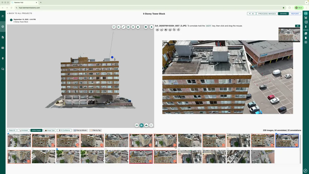 Hammer Missions interface showing the 3D model at left and a selected zoomed facade photo on the right with image thumbnails along the bottom.