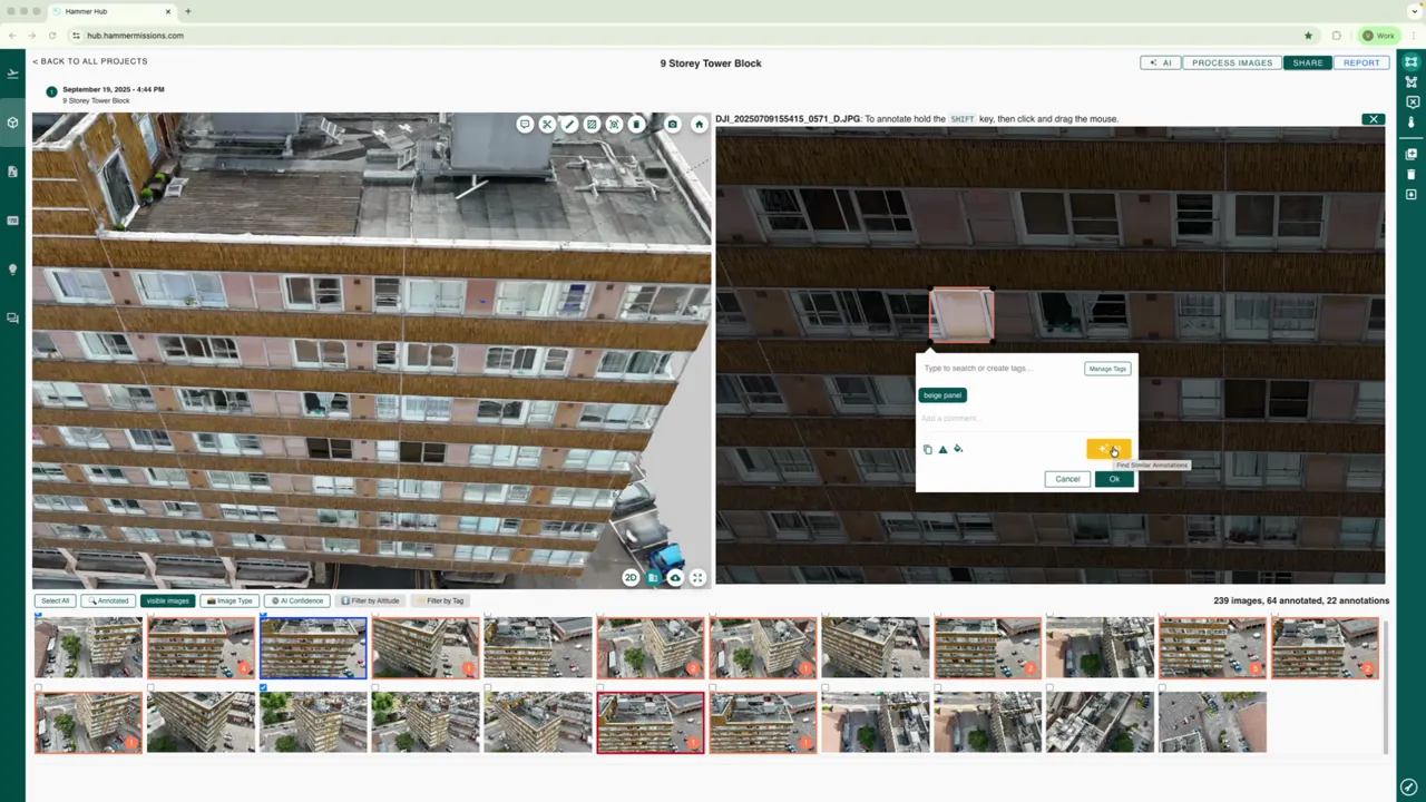 Hammer Missions interface showing a 'beige panel' annotation and the orange AI assistant button highlighted with a tooltip reading 'Find Similar Annotations'.