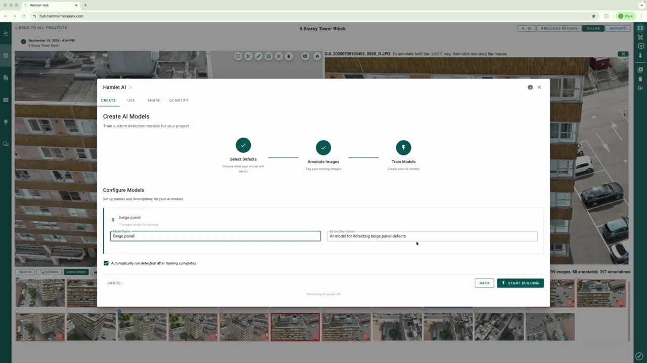 Hammer Missions 'Create AI Models' dialog showing 'Beige panel' model name and a visible 'Start building' button over facade thumbnails.