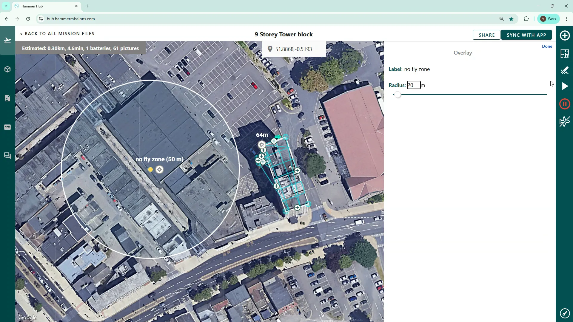 Editing a circular zone to change its radius to 20 metres