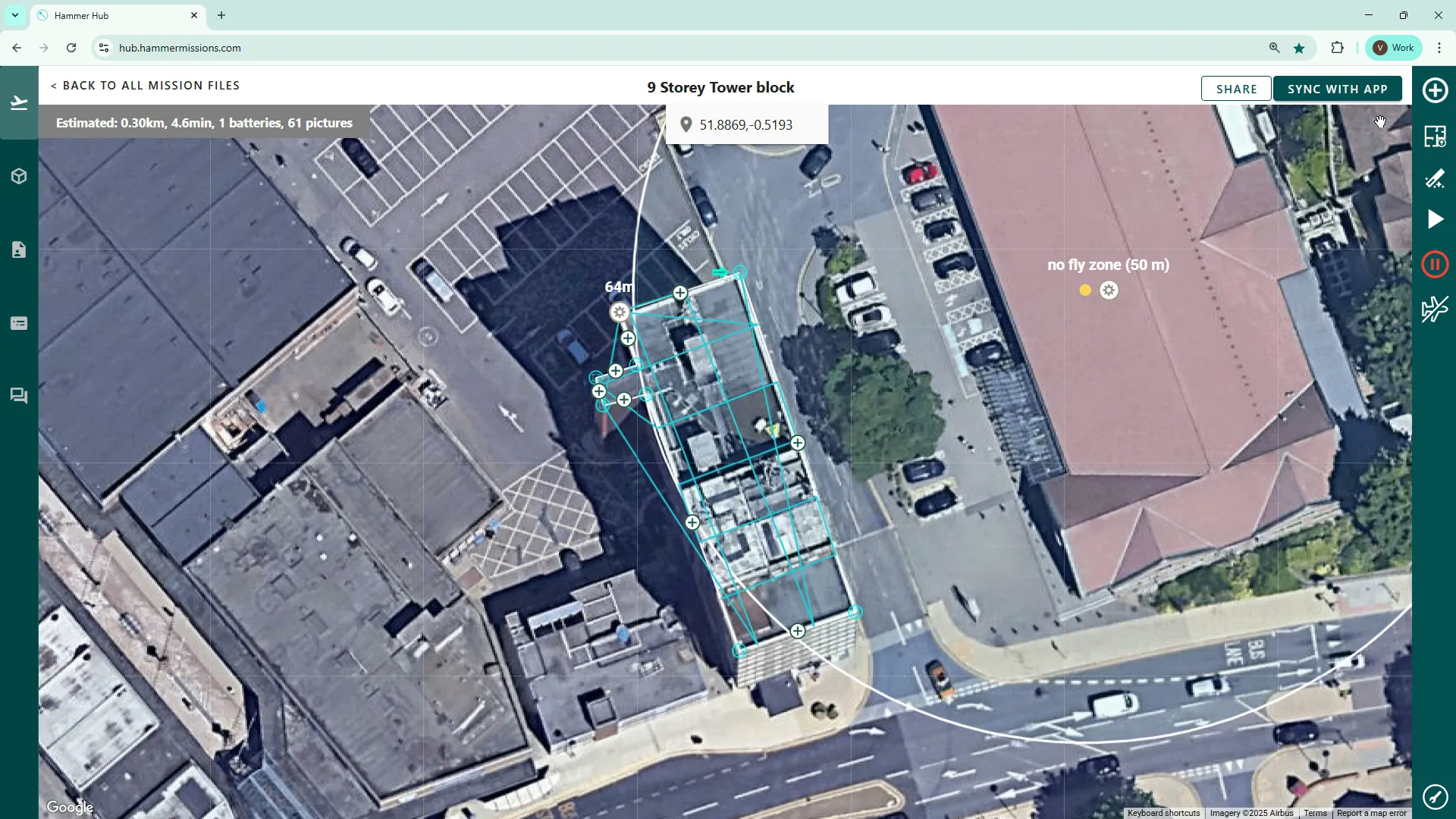 Setting a 50 metre no-fly zone radius on the map