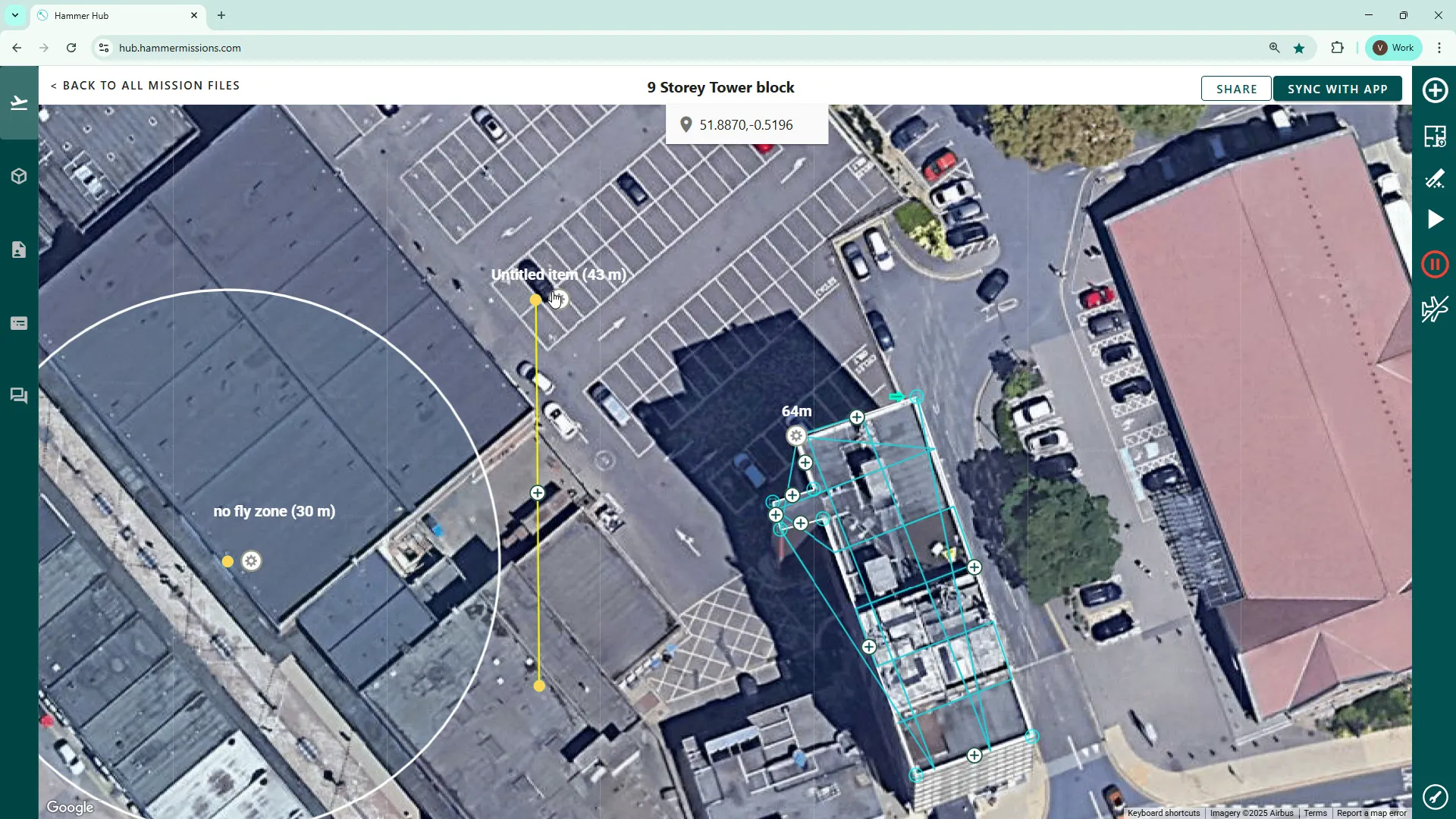 Using the measurement icon to draw a line between two points