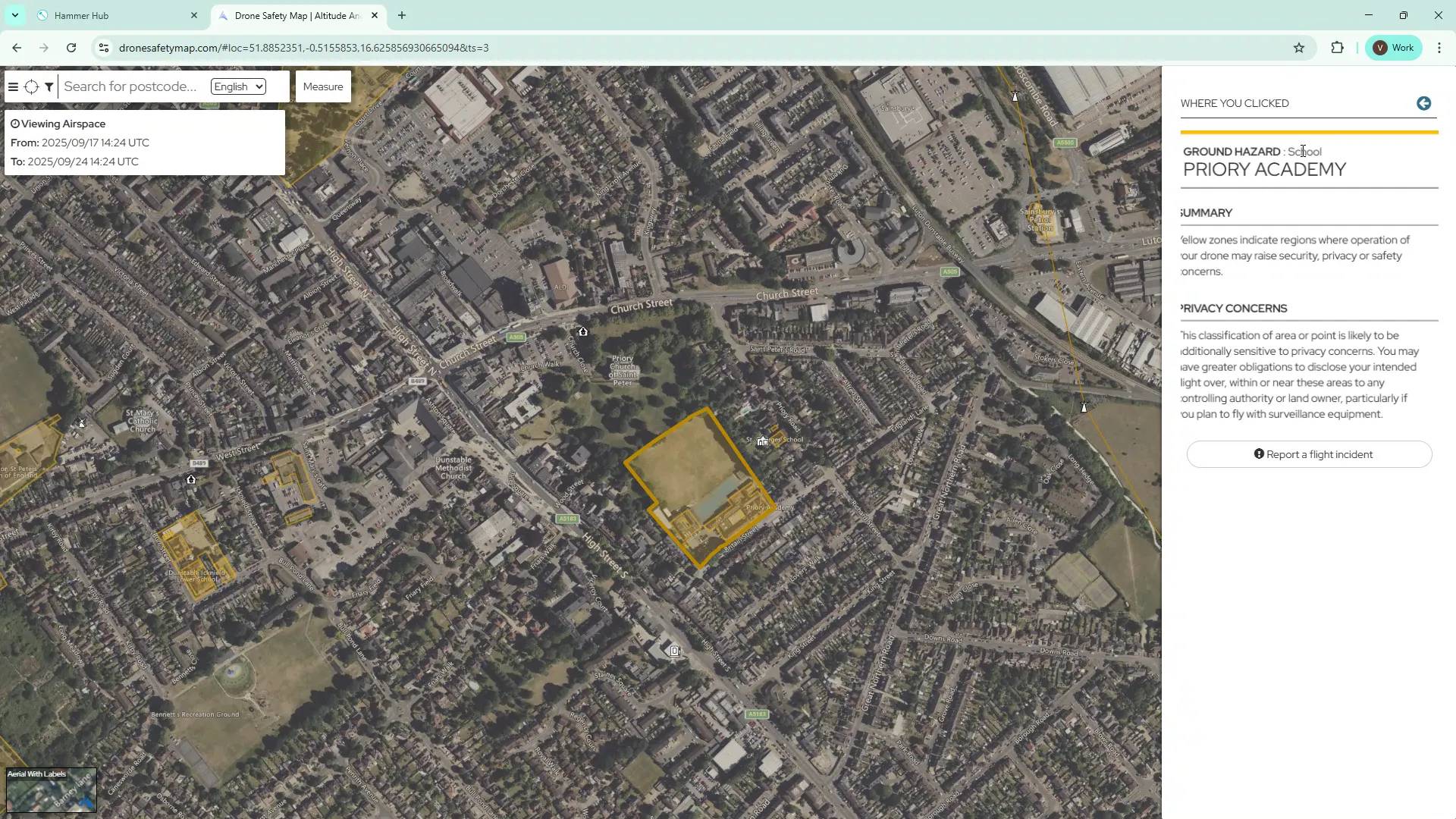Drone Safety Map overlay showing restricted areas and sensitive sites
