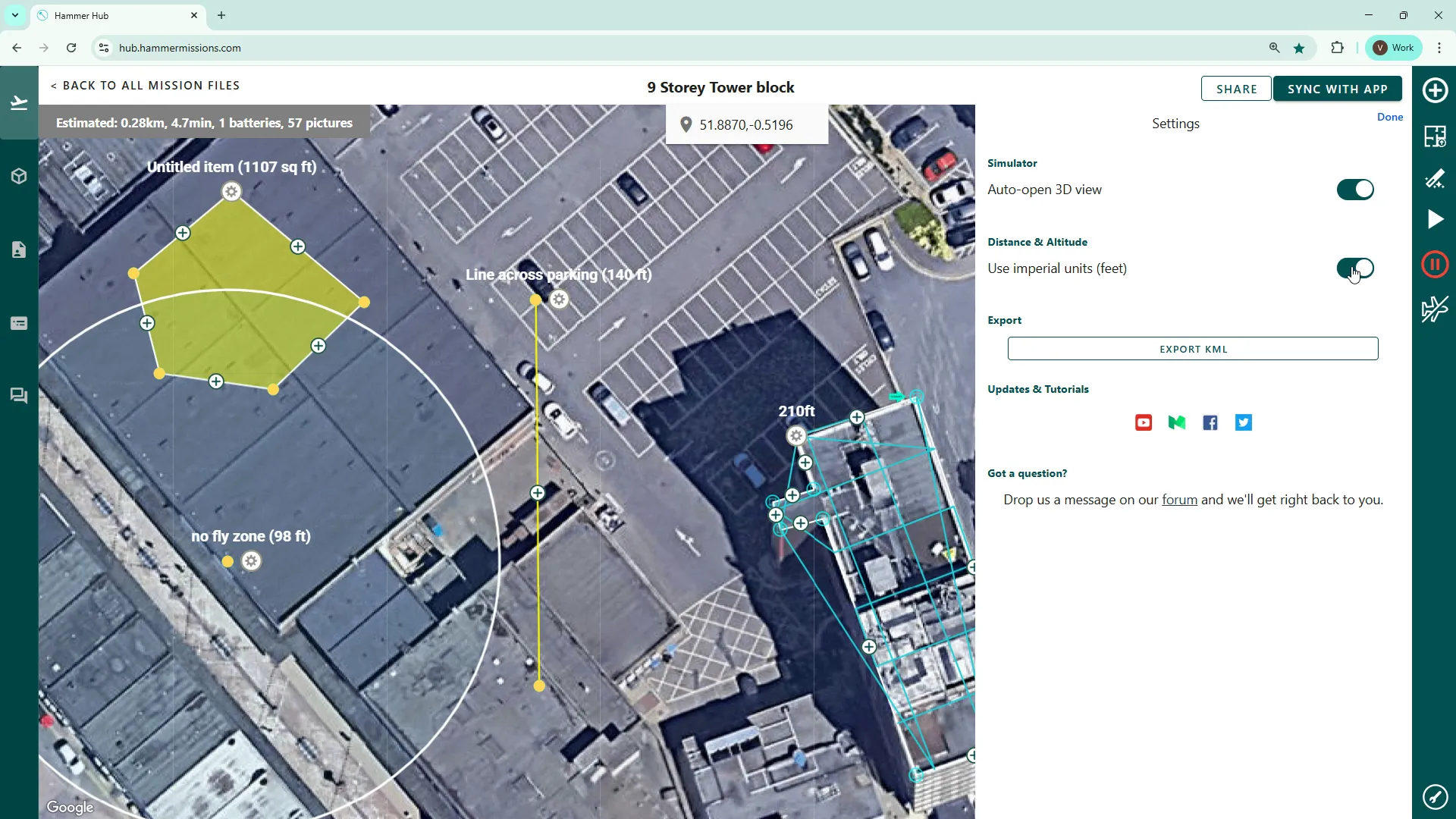 Bottom of the panel: unit settings, KML export and 3D simulator