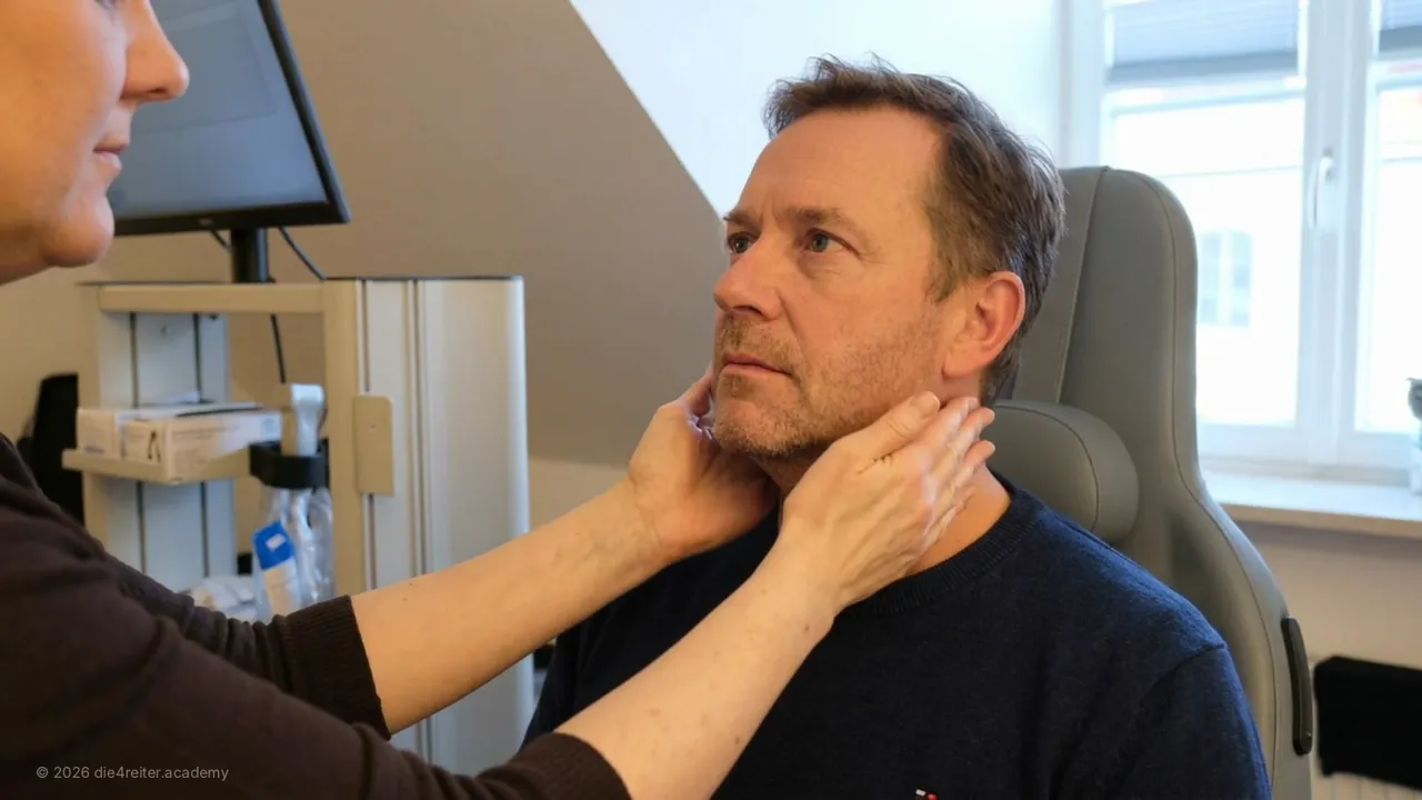 Eine Ärztin tastet mit beiden Händen den Hals eines sitzenden Mannes in einem Behandlungszimmer ab