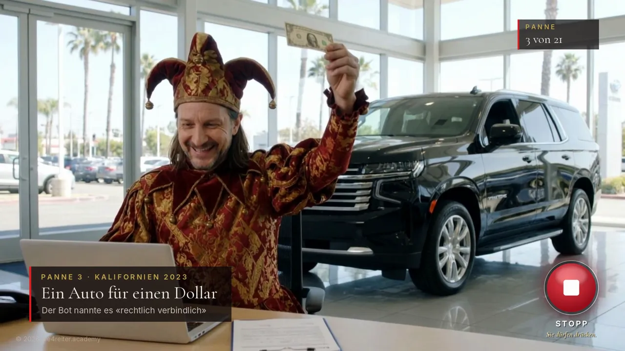 Der Hofnarr hält in einem Autohaus einen Geldschein hoch, neben ihm stehen ein Laptop und ein schwarzer Geländewagen