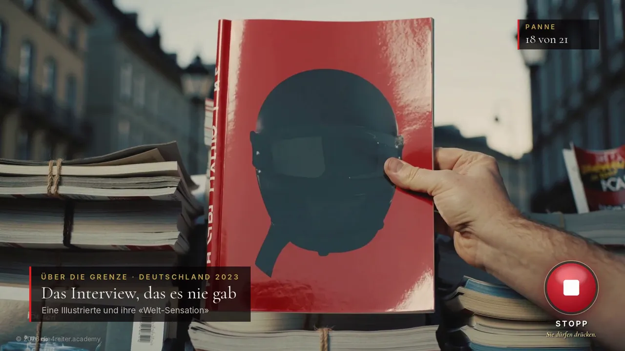 Eine Hand hält eine rote Zeitschrift mit dunkler Kopfsilhouette vor einem Stapel weiterer Zeitschriften