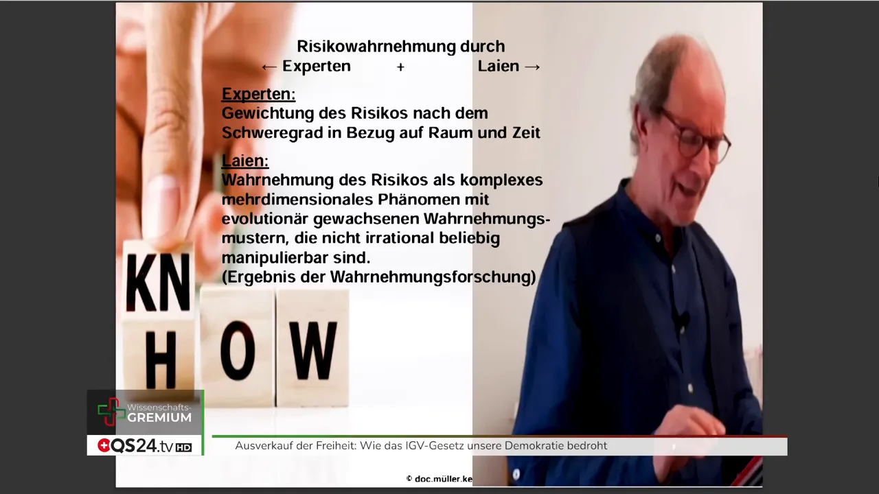 Analyse zu Risiko, Risikowahrnehmung und IGV-Gesetz - Interview mit Dr. med. Kurt Müller, Mitglied des QS24 Wissenschafts-Gremiums 3 Folie mit der Überschrift 'Risikowahrnehmung durch Experten und Laien' neben dem Sprecher.
