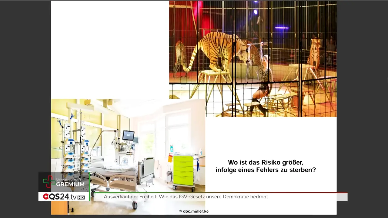 Analyse zu Risiko, Risikowahrnehmung und IGV-Gesetz - Interview mit Dr. med. Kurt Müller, Mitglied des QS24 Wissenschafts-Gremiums 2 Folie mit Bildern Tigerkäfig und Krankenhaus und Text: 'Wo ist das Risiko größer, infolge eines Fehlers zu sterben?'