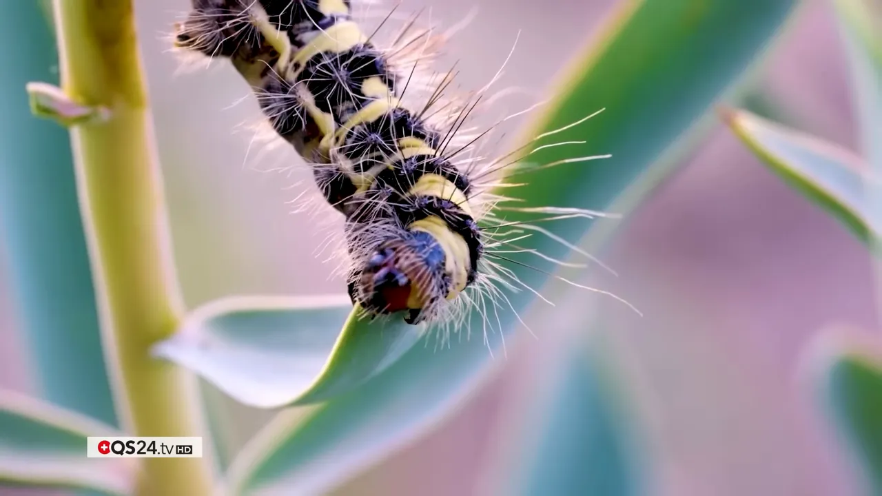 QS24 AWARD 2025: Versöhnung in der Medizin — Preisträgerinnen und Preisträger 15 Nahaufnahme einer haarigen Raupe am Blatt, Kopf frontal, weicher pastellfarbener Hintergrund