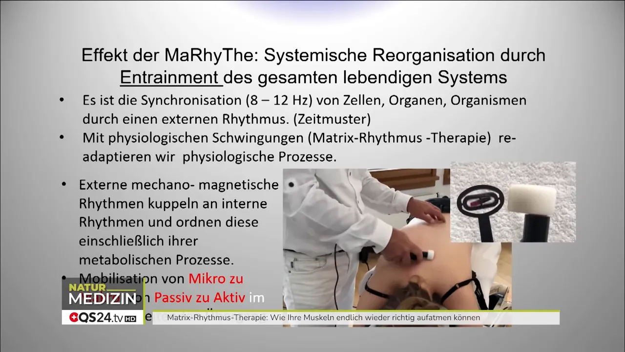Wie Ihre Muskeln wieder aufatmen können - Interview mit Dr. Ulrich Randoll, Begründer der Matrix‑Rhythmus‑Therapie 3 Folie: Effekt der MaRhyThe – Systemische Reorganisation; Text zur Synchronisation (8–12 Hz) und Anwendungsbild mit Gerät