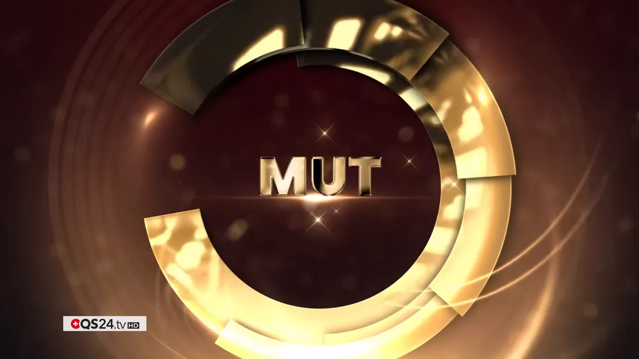 Goldene Titel‑Animation mit dem Wort 'MUT' zentriert vor dunklem Hintergrund und QS24.tv Logo