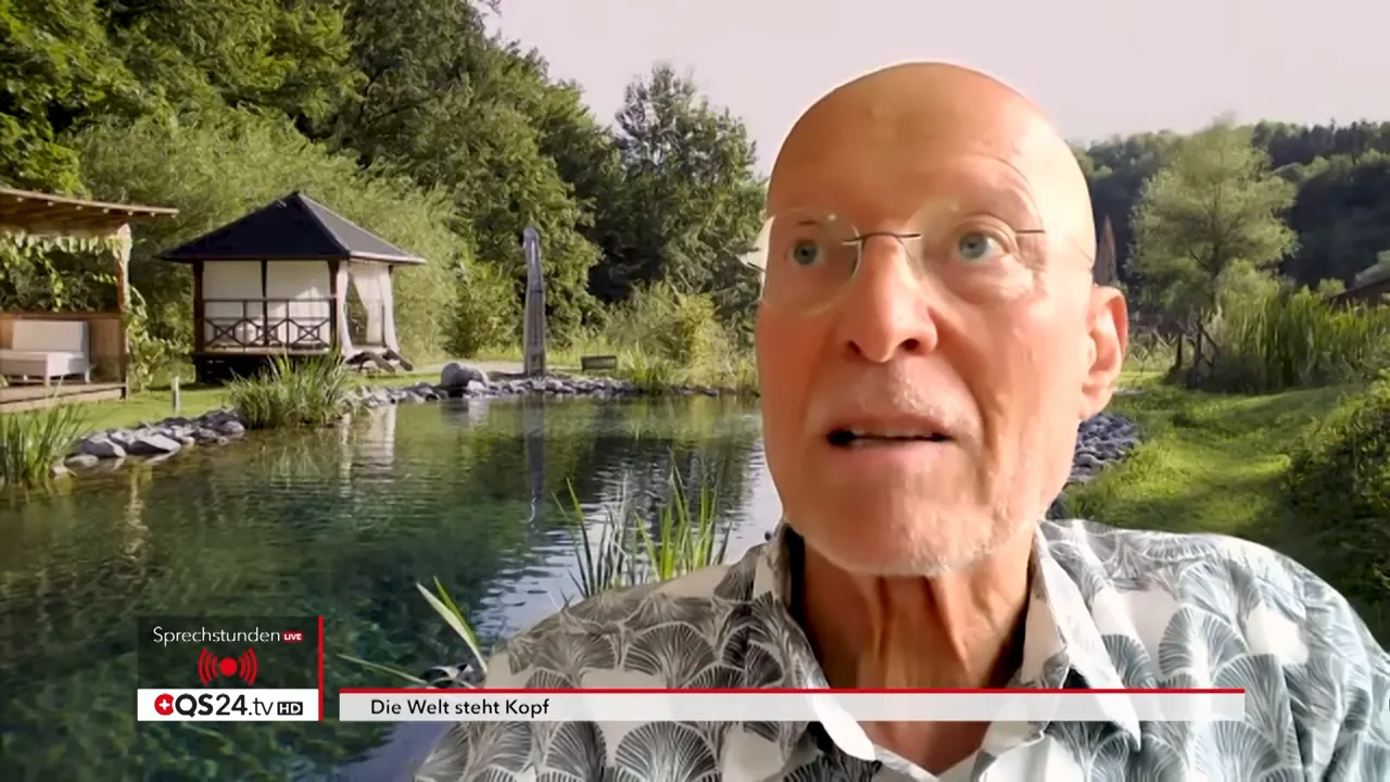Experte spricht vor naturnahem Teichhintergrund über Gesundheit und Prävention.