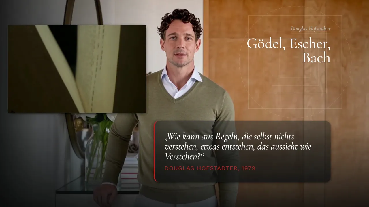 Damian mit eingeblendeter Buchseite und der Frage Wie kann aus Regeln etwas entstehen das wie Verstehen aussieht