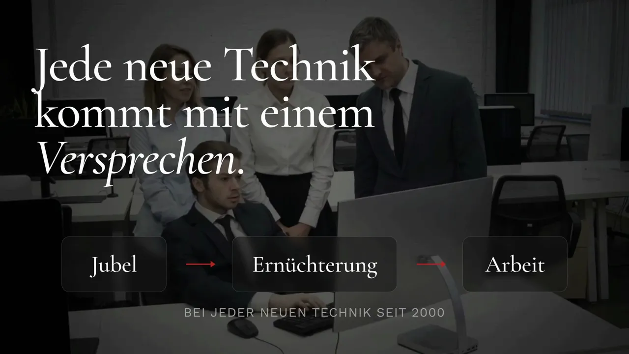 Grafik mit den Begriffen Jubel, Ernüchterung und Arbeit über einer Büroszene
