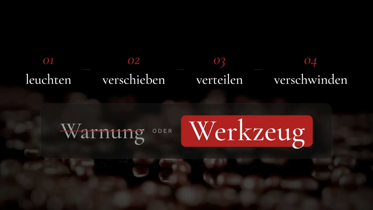 Grafik mit den vier Schritten leuchten, verschieben, verteilen und verschwinden sowie dem Wort Werkzeug