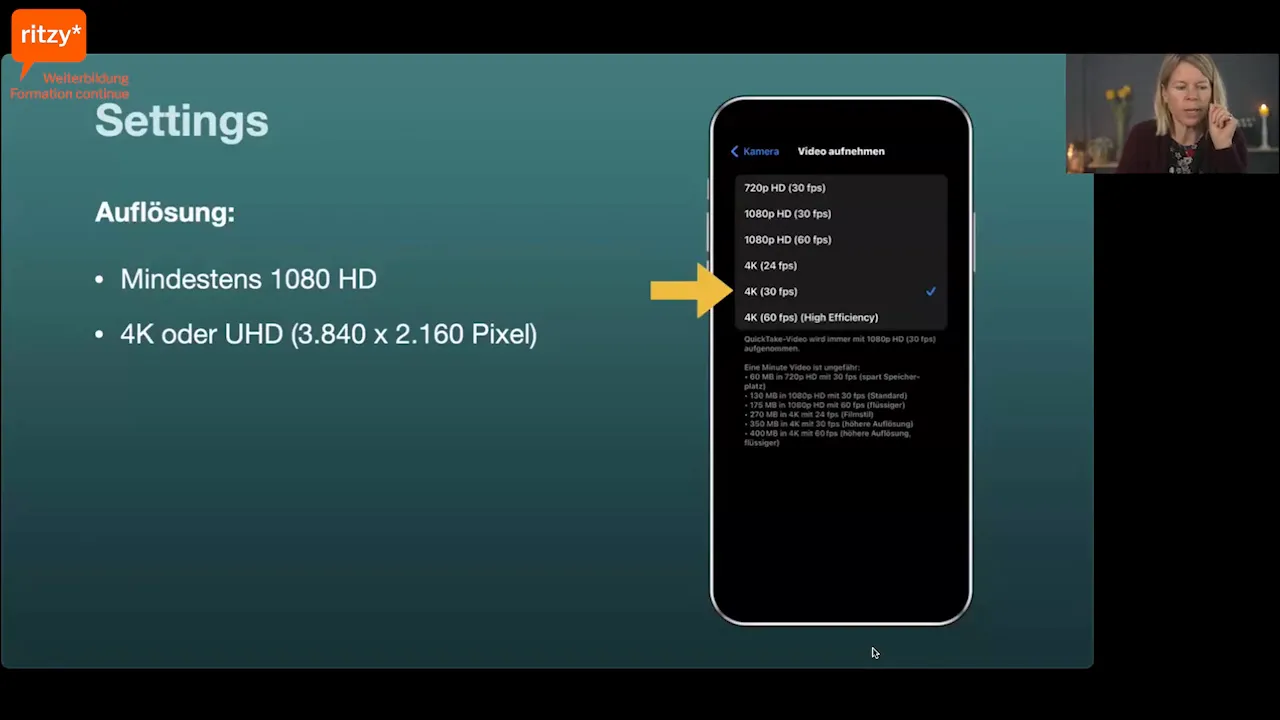 Einstellung für 4K-Aufnahme im Smartphone-Menü