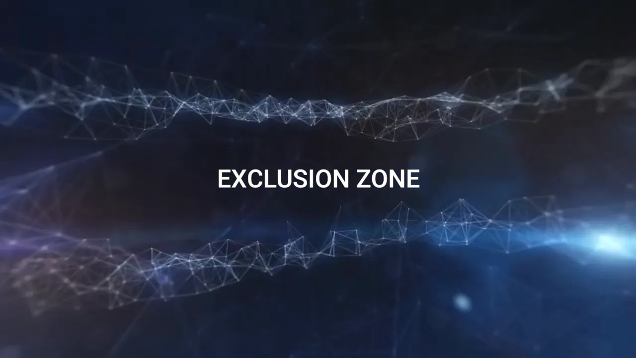 Grafik mit dem Schriftzug 'EXCLUSION ZONE' zwischen zwei netzartigen, sechseckigen Wasserschichten