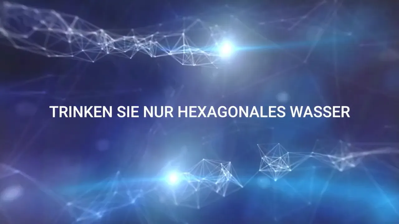 Blau-violette Netzwerkanimation mit weißem Text 'TRINKEN SIE NUR HEXAGONALES WASSER'.