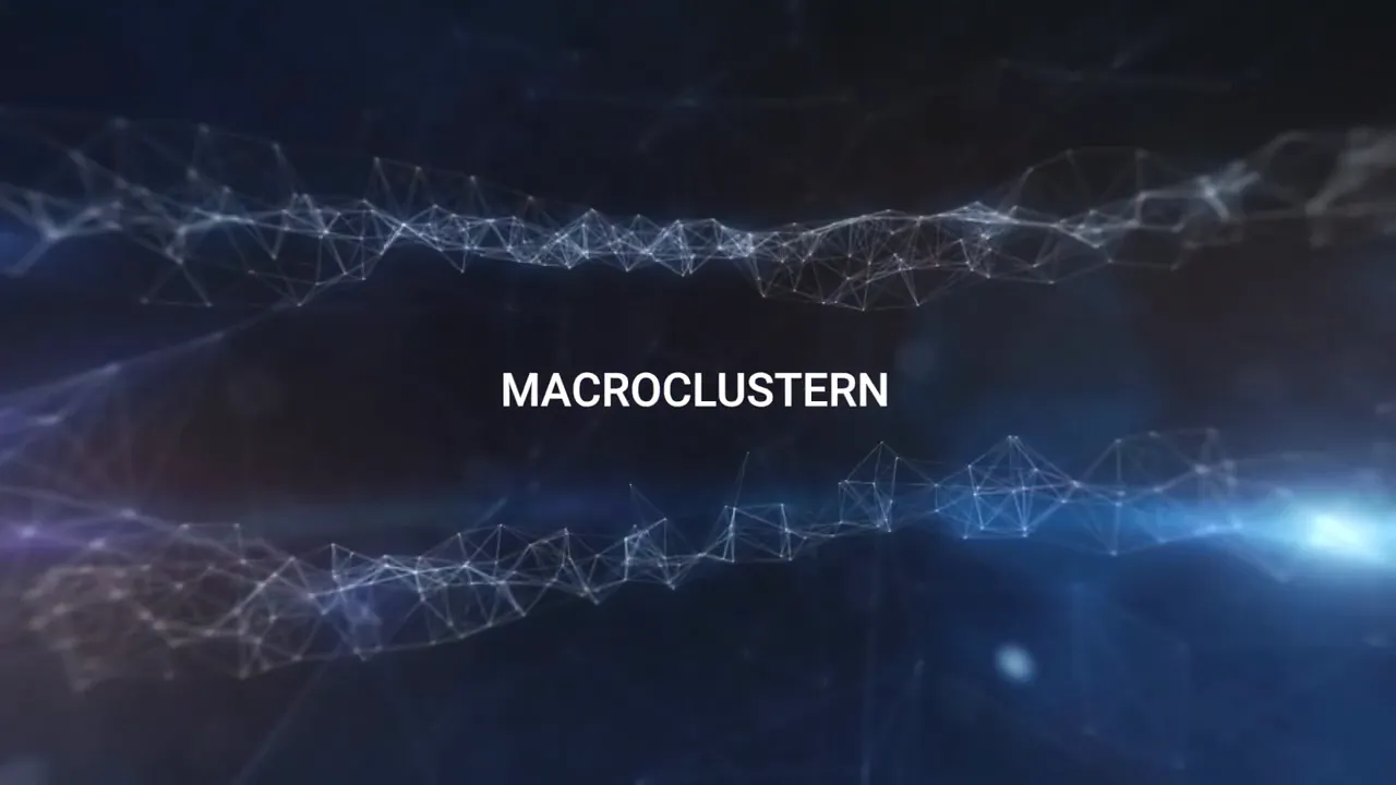 Zentrierter Text 'MACROCLUSTERN' vor vernetzten, molekularen Strukturen.