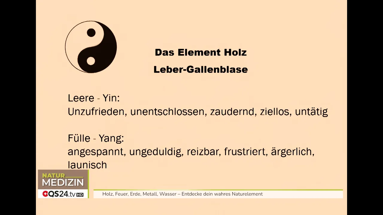 Präsentationsfolie ‚Das Element Holz – Leber-Gallenblase‘ mit Yin-Yang-Symbol und Stichworten zu Leere (Yin) und Fülle (Yang).