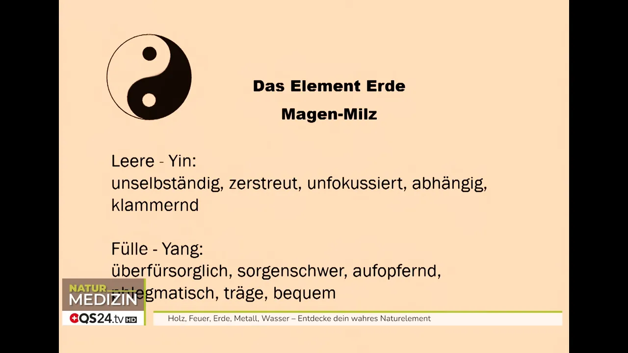 Präsentationsfolie 'Das Element Erde – Magen-Milz' mit Yin‑Yang‑Symbol und kurzen Beschreibungen zu Leere (Yin) und Fülle (Yang)
