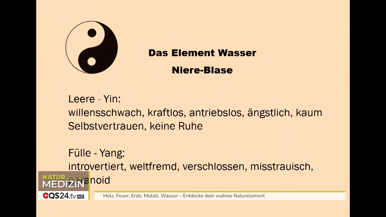 Folie 'Das Element Wasser – Niere‑Blase' mit Yin‑Yang‑Symbol und kurzen Beschreibungen zu Leere (Yin) und Fülle (Yang)