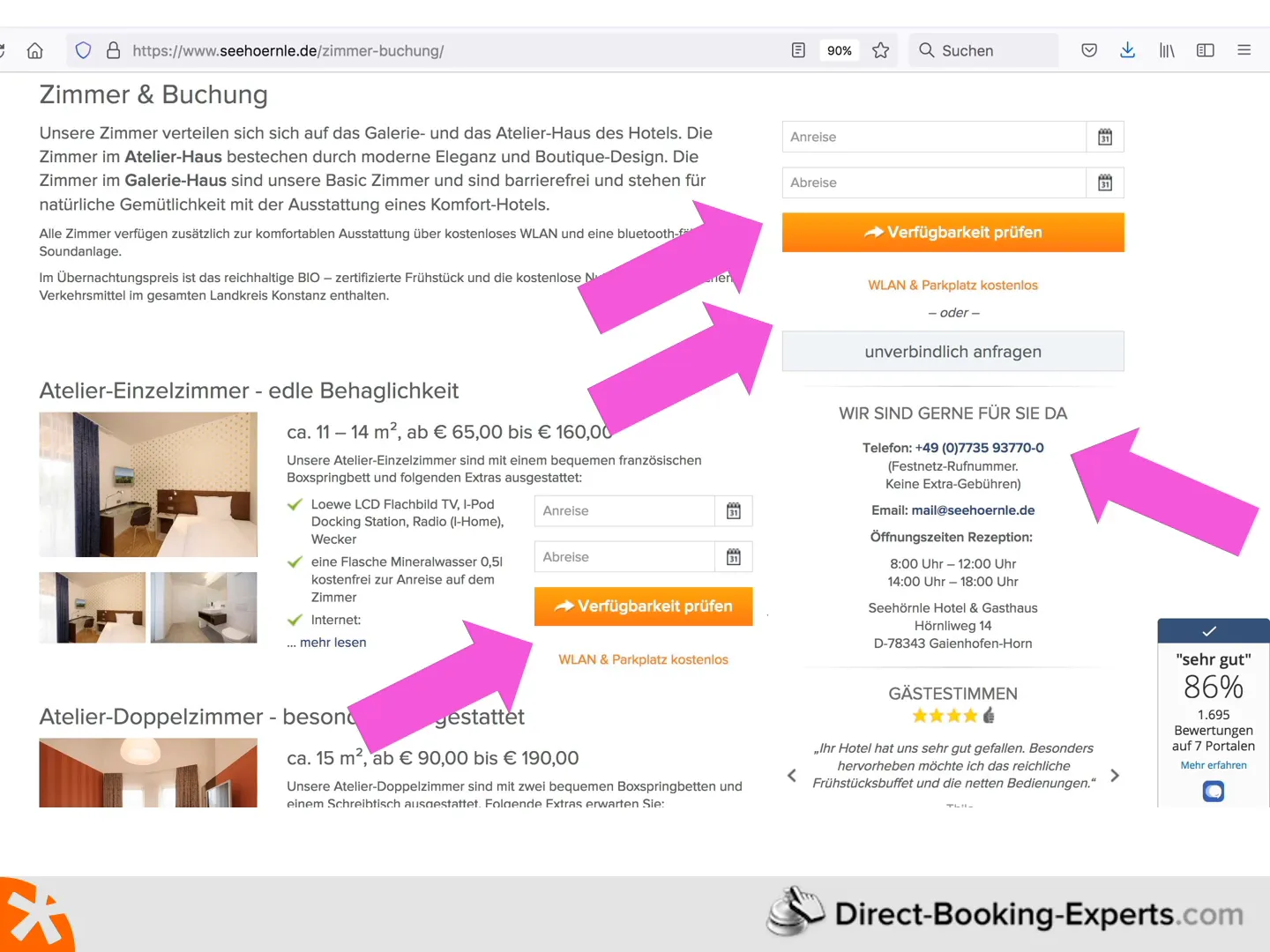 Zimmerkategorien mit Buchungsbuttons und Bewertungswidget