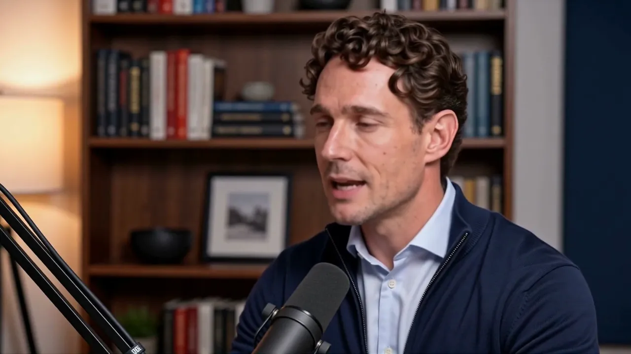 Damian spricht in ein Mikrofon vor einem Bücherregal