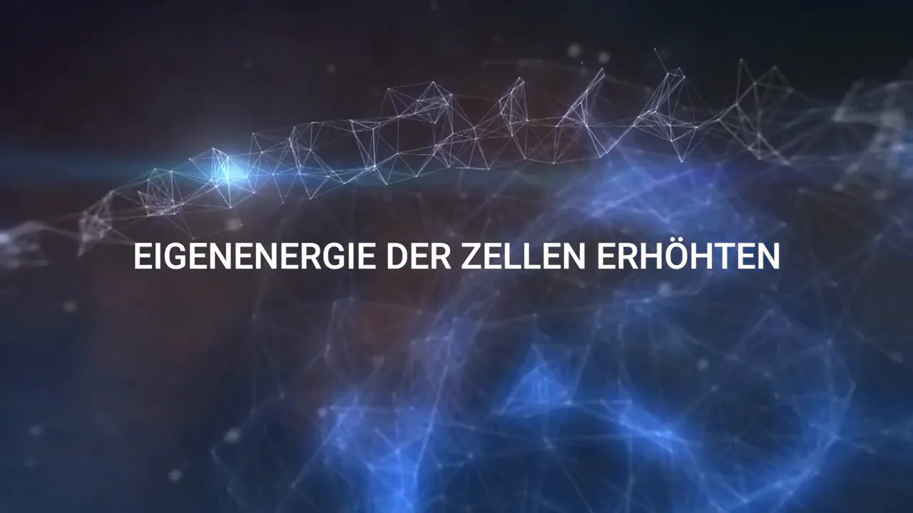 Text 'EIGENENERGIE DER ZELLEN ERHÖHTEN' vor einem abstrakten, blauen Netzstruktur-Hintergrund