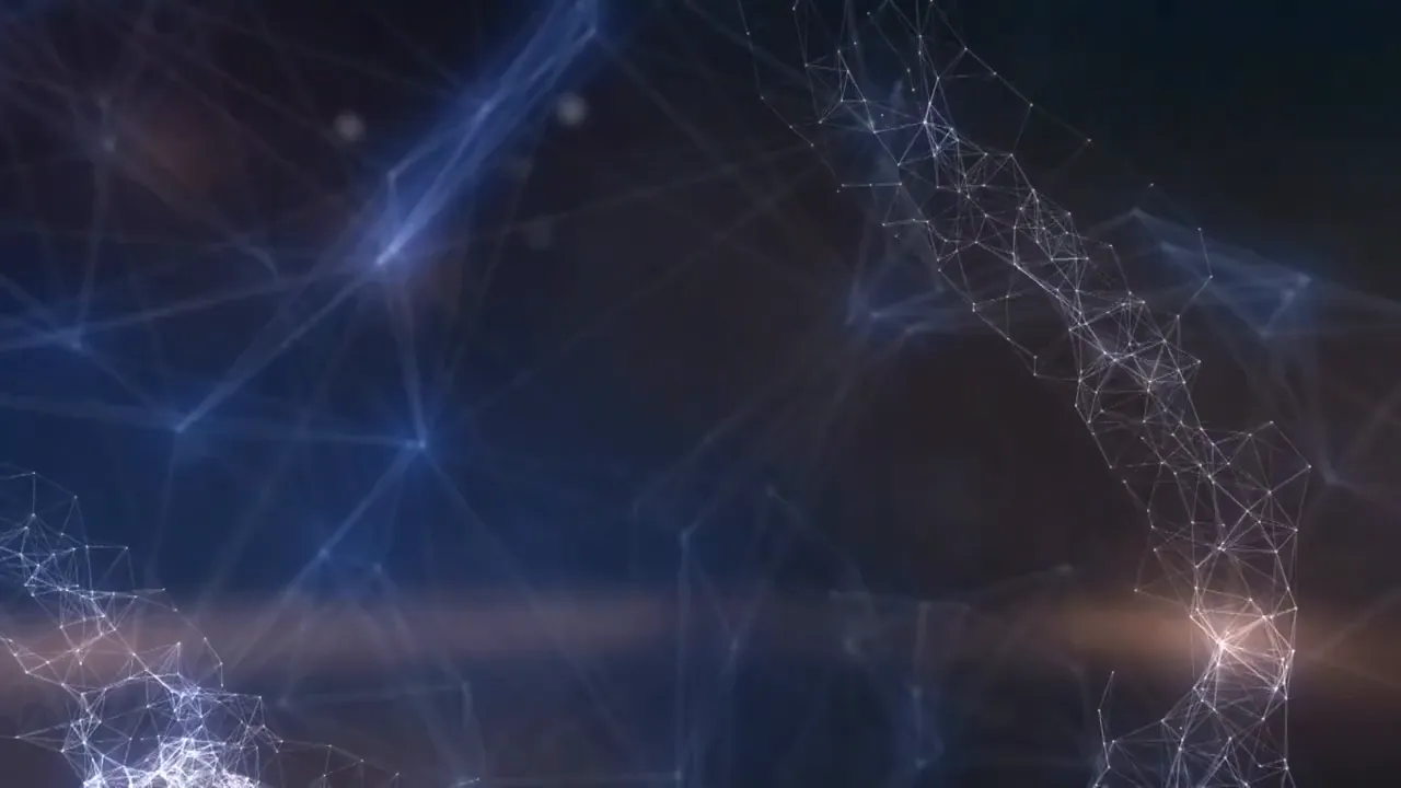 Abstraktes Netzwerk aus Lichtpunkten und Linien, das Hochfrequenz‑Resonanz und Energieschwingungen symbolisiert