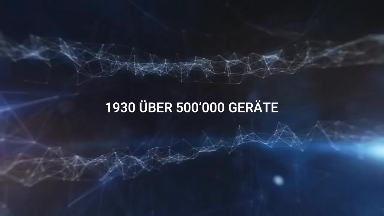 Einblendung '1930 über 500'000 Geräte' vor abstraktem Vernetzungs-Hintergrund