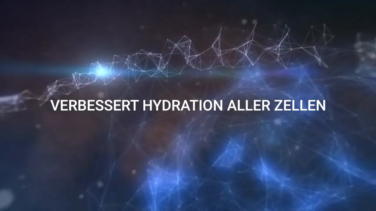 Blaue, vernetzte Partikelgrafik mit dem Text 'VERBESSERT HYDRATION ALLER ZELLEN'.