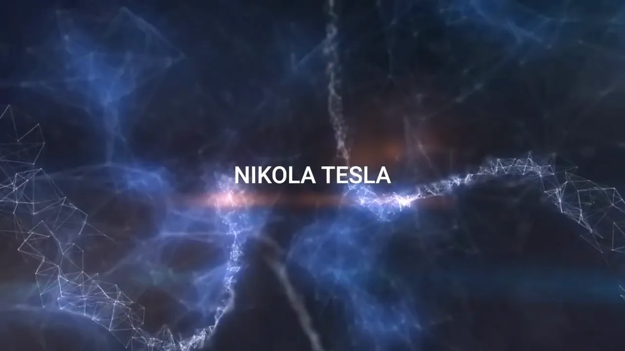 Abstraktes blaues Netzwerk-Hintergrundbild mit dem Text 'NIKOLA TESLA' in der Mitte