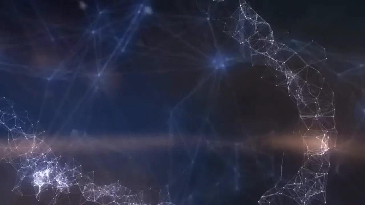 Netzwerkartige, blau leuchtende Partikelstruktur ohne Text.